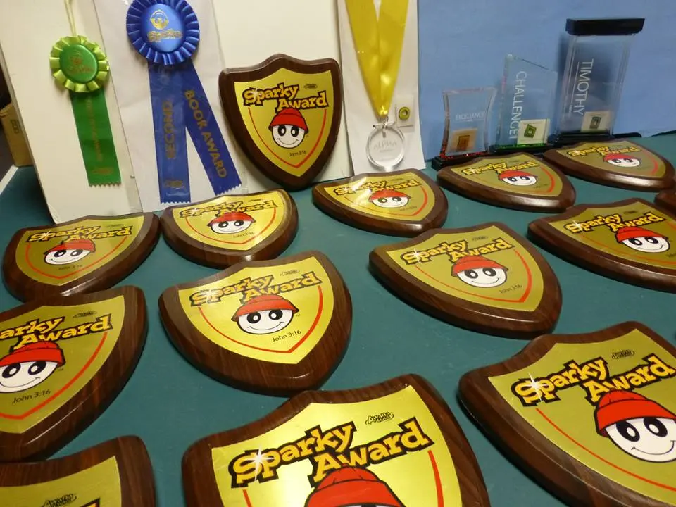 Sparky Award plaques and ribbons earned by Awana participants